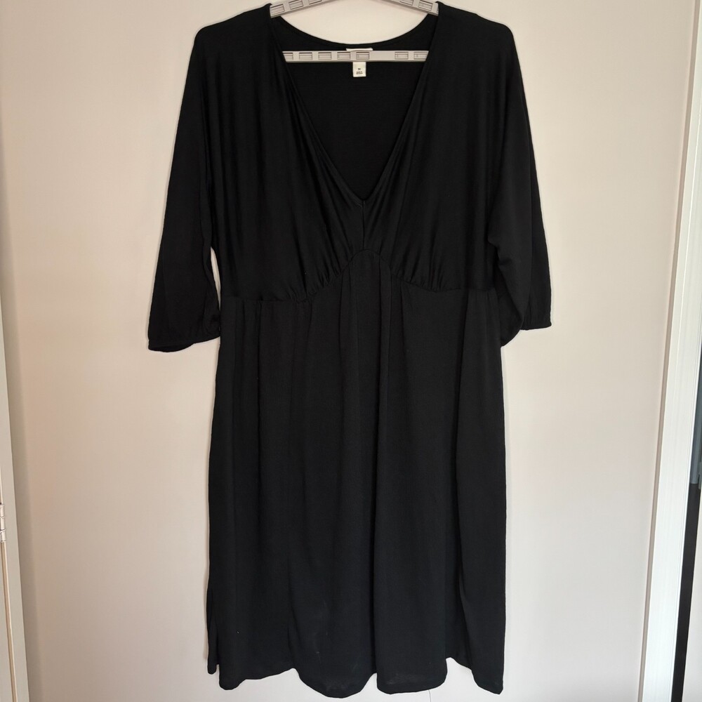 AVA & VIV Womens 1X Gauze Stretch VNeck Midi Dress Black 3/4 Balloon Sleeve Plus - Picture 6 of 8